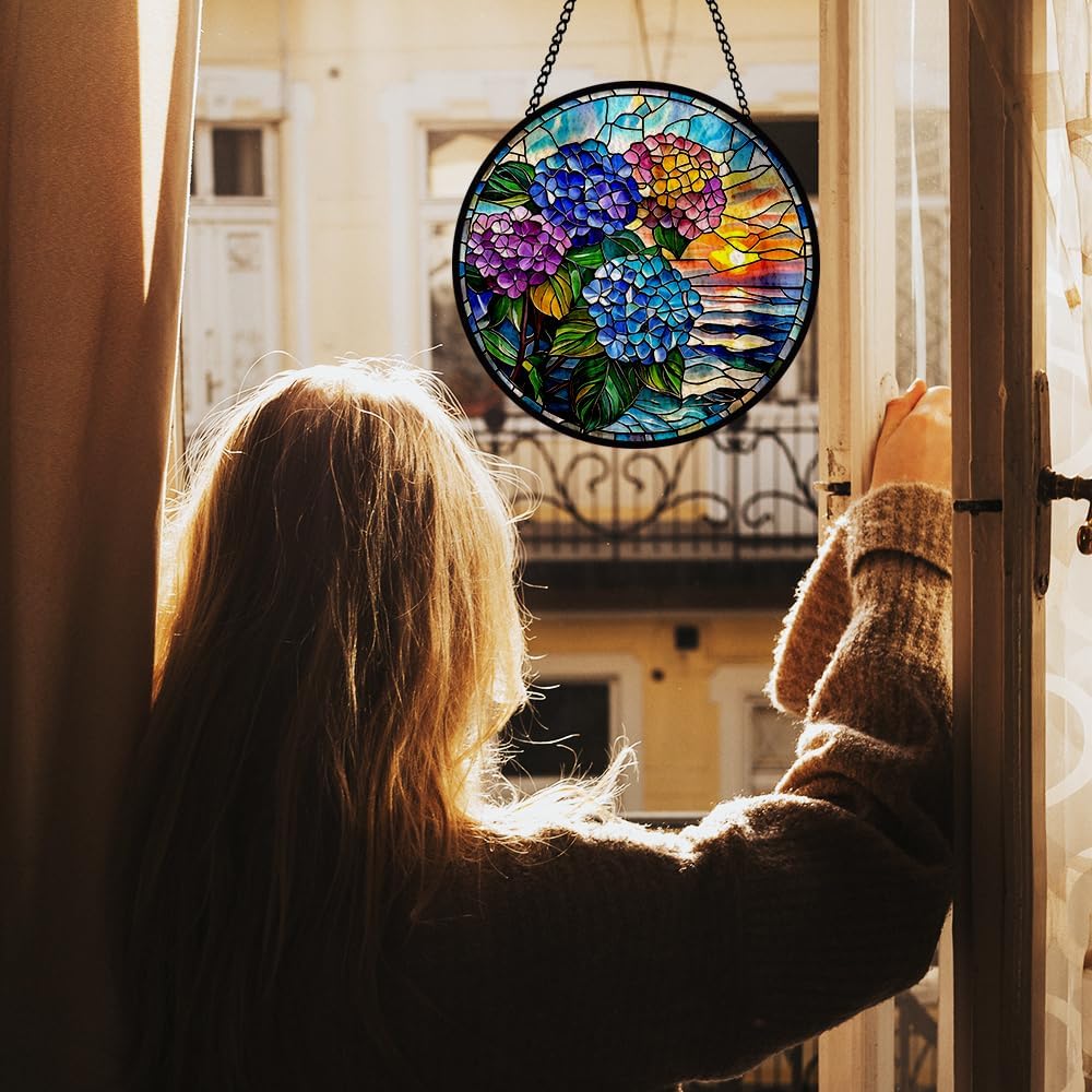 Floral Stained Glass Window Hanging, Flower Suncatcher Window Hanging Ornament, Diamond Glass Ornament Decor, Botanical Glass Panel, Home Decoration Gifts for Housewarming, Wedding, Birthday Parties