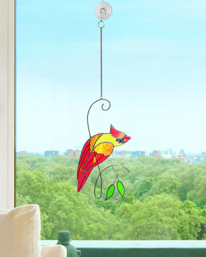 Cardinal Stained Glass Window Hanging, Handmade Memorial Gift for Women Men, Sun Catcher Indoor Window Decor, Suncatcher Bird Decoration, for Mom Bird Lover, 14.6(H) x5.9(W) Inch, Hanger Given