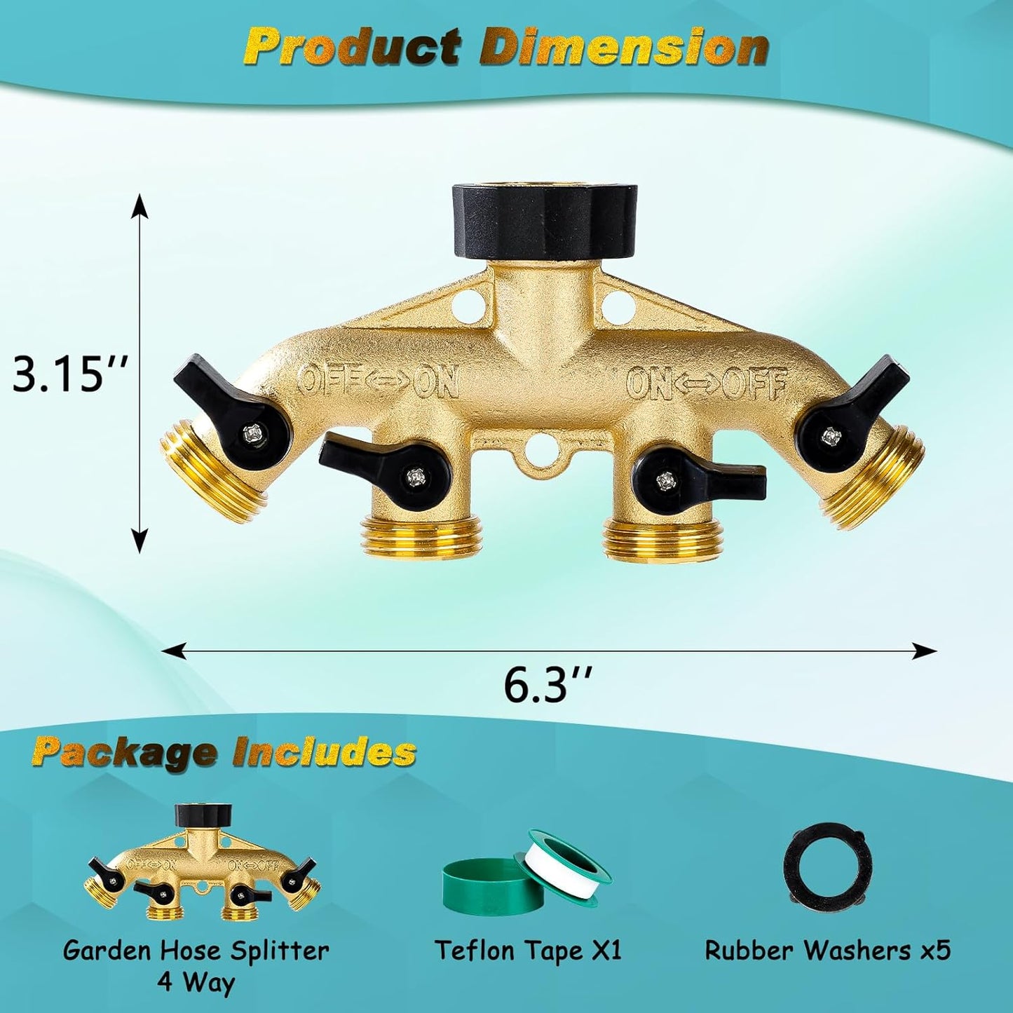 Dalmbox Garden Hose Splitter 4 Way, Water Hose Splitter, 3/4" Heavy-Duty Brass Garden Hose Splitter, Includes 5 Rubber Washers & Teflon Tape(1 pack)