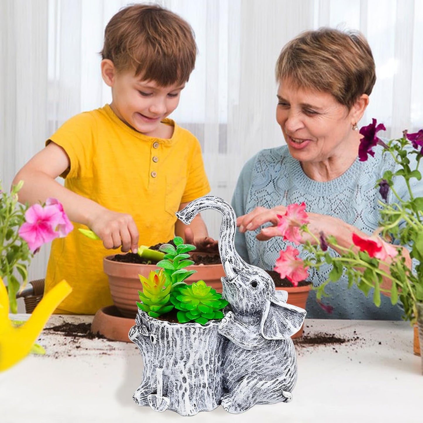 Elephant Gifts for Women Succulent Pots Indoor Planters for Plant Lovers Cute Outdoor Plant Pots Gift Idea for Mother Outdoor Garden Animal Decor Elephant Hug Stump Statue with Drainage Hole
