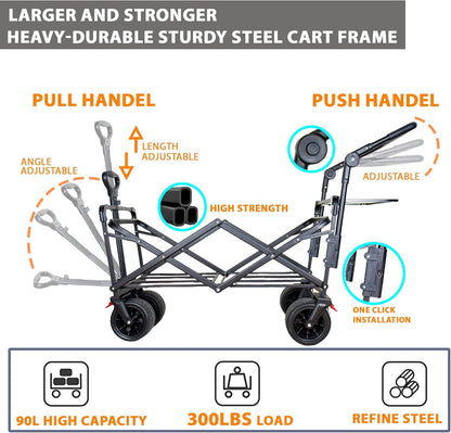 SKYMANOR Collapsible Wagon Folding Garden Cart with Removable Canopy Utility Wagon Cart with All-Terrain Wheels Brake Beach Cart for Sand Heavy Duty Beach Wagon for Camping Shopping (Black)