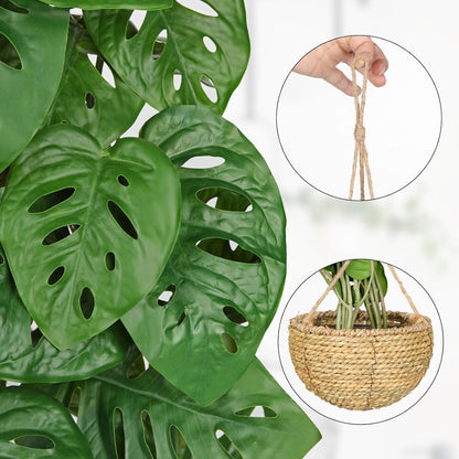 Large Fake Hanging Plants in Pot for Indoor & Outdoor, Long Artificial Monstera Albo Long Plants, 27.6" Fake Potted Vines Ivy Greenery Plant for Room Wall Shelf Decor Living Room Bathroom Patio Porch