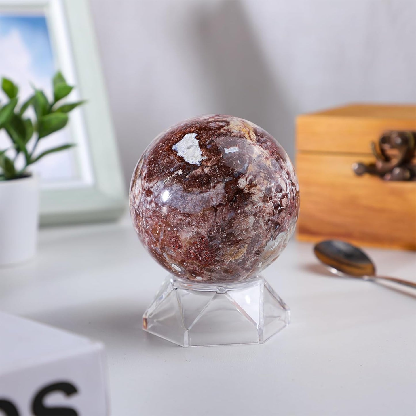 Natural Mexican Agate Crystal Ball with Acrylic Display Base, 61-70mm Polished Stone Feng Shui Crystal Sphere Meditation Decoration for Home & Office