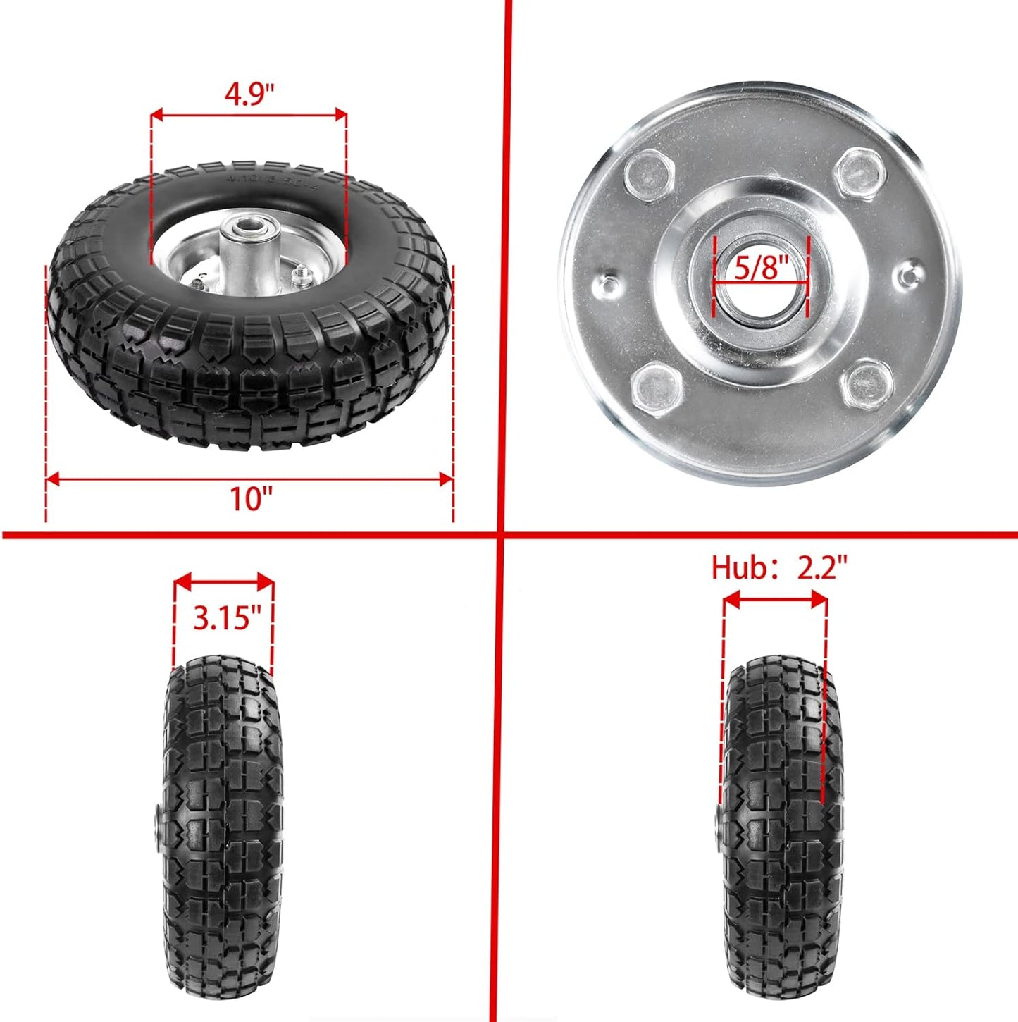 4.10/3.50-4 Tire Wheels Flat Free 10" Heavy Duty Solid Flat-Free Replacement Tire with 5/8 Axle Compatible with Gorilla Carts, Wheelbarrow, Dolly, Hand Truck (2-Pack)