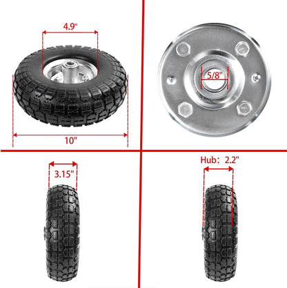 4.10/3.50-4 Tire Wheels Flat Free 10" Heavy Duty Solid Flat-Free Replacement Tire with 5/8 Axle Compatible with Gorilla Carts, Wheelbarrow, Dolly, Hand Truck (2-Pack)