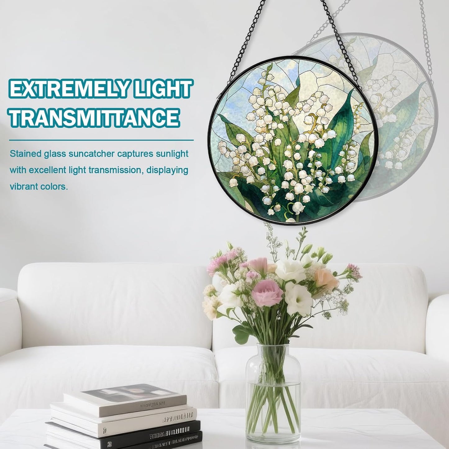 Lily of The Valley Flower Stained Glass Window Hanging, Suncatcher Diamond Glass Panel Hangings, Sun Catchers Indoor Windows Wall Art, Gift for Mom Grandma, Christmas Decor for Home Office 7.87 inches