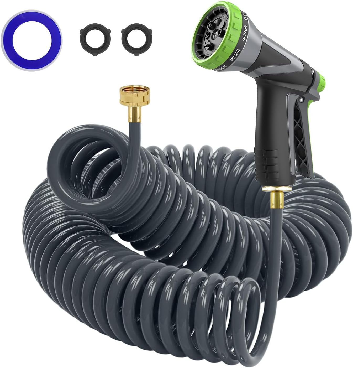 Coil Hose,3/8" EVA Coil Garden Hose 75 FT,Curly Water Hose Lightweight with Brass Connectors,Recoil Garden Hose Includes 8-Pattern Spray Nozzle for Boat, Yard, Patio, Green