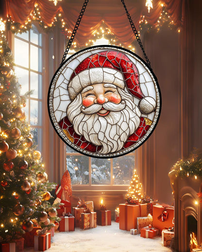 Stained Glass Window Hanging - Red White Santa Claus Suncatcher for Doors Home Christmas Decoration Winter Sun Catcher Thanksgiving New Year Birthday Gifts for Women Men Mom Nana Girl 6.3 in