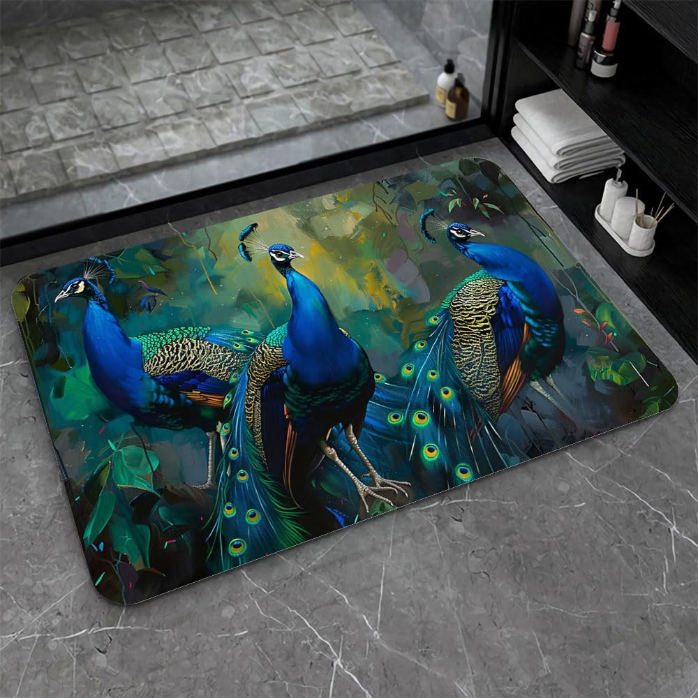 Bath Mat-Bathroom Rug，Three Peacocks-Absorbent Non Slip Quick Dry Stain Resistant Easy to Clean Care Shower Rug for Bathtub Shower Room 17×27.5Inch (43 * 70cm)