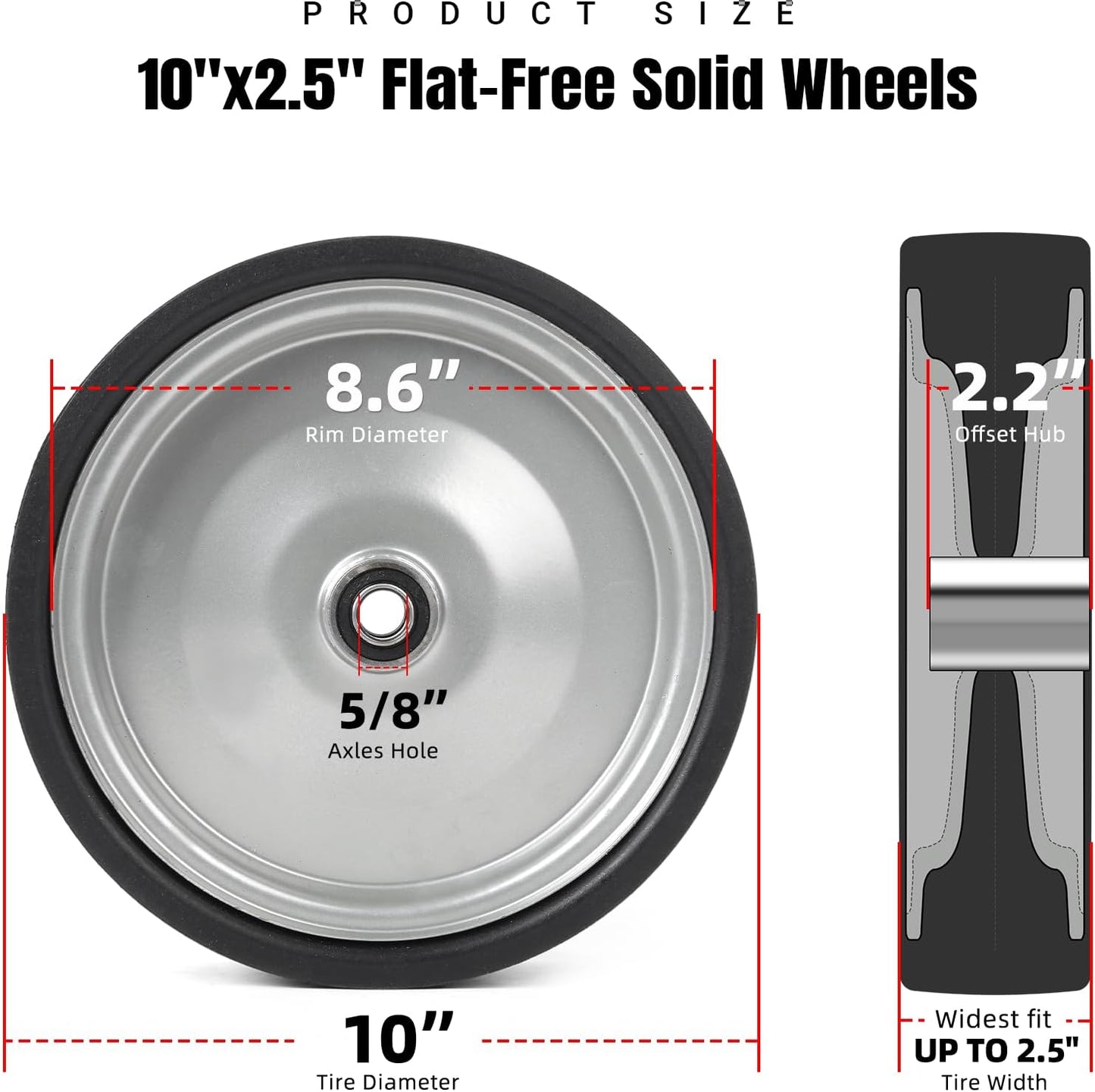 AR-PRO (2-Pack) 10"x2.2" Flat Free Solid Rubber Replacement Tires – 10 Inch Solid Wheels for Hand Trucks, Dollies, Utility Carts, and Wheelbarrows with 2.2" Offset and 5/8" Axle Hole