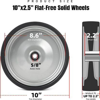 AR-PRO (2-Pack) 10"x2.2" Flat Free Solid Rubber Replacement Tires – 10 Inch Solid Wheels for Hand Trucks, Dollies, Utility Carts, and Wheelbarrows with 2.2" Offset and 5/8" Axle Hole