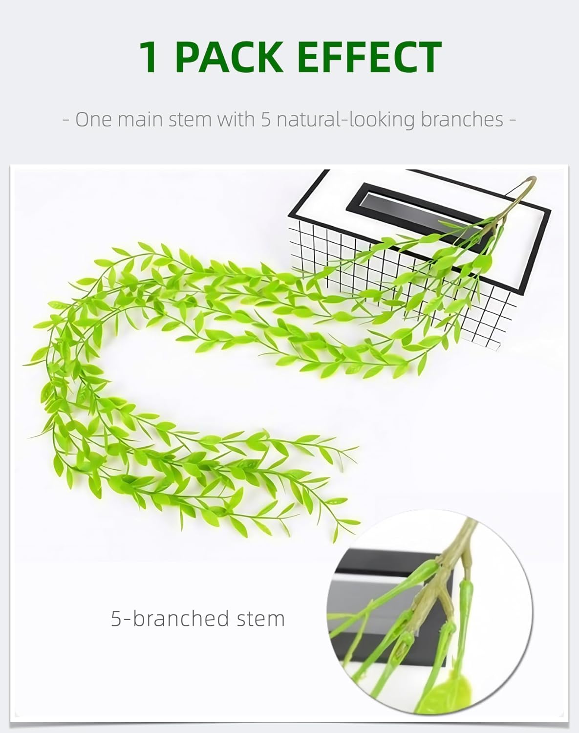 5 Pack Artificial Hanging Willow Vine (3.3ft) - Fake Greenery Plants for Indoor/Outdoor Decor, Wedding & Photography - Pure Green Design (No Basket Included)
