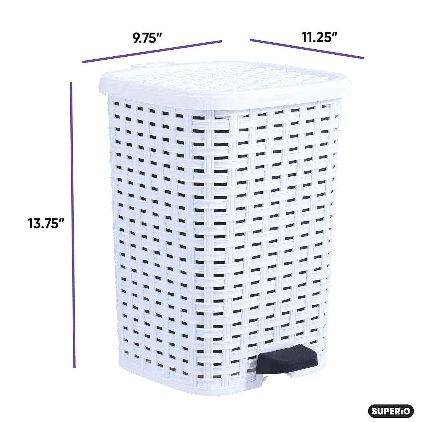 Superio Small Outdoor Trash Can with Lid for Dog Poop 3 Gallon/12 L Mini Plastic Garbage Can with Foot Pedal for Bathroom, Bedroom, Office, Patio, Wicker White