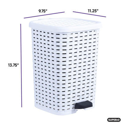 Superio Small Outdoor Trash Can with Lid for Dog Poop 3 Gallon/12 L Mini Plastic Garbage Can with Foot Pedal for Bathroom, Bedroom, Office, Patio, Wicker White