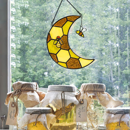 Bee Stained Glass Suncatcher for Window,Honeycomb Stained Glass Window Hanging Moon Decor,Bee Gifts for Women,Bee Lovers,Housewarming Gift,Honeybee Decor for Birthday Party