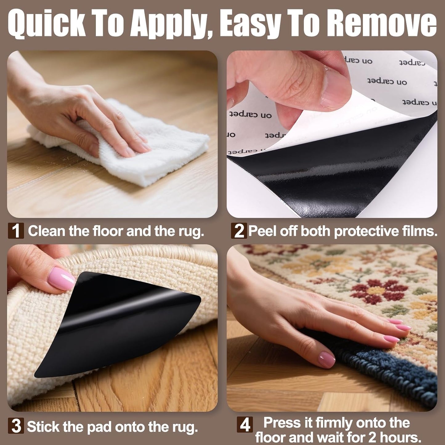 Premium Rug Grippers & Carpet Tape – 12PCS Square Anti-Slip Pads for Area Rugs, 3.9 Inch, Prevent Curling & Sliding, Ideal for Hardwood, Tile, Marble, and Laminate Floors