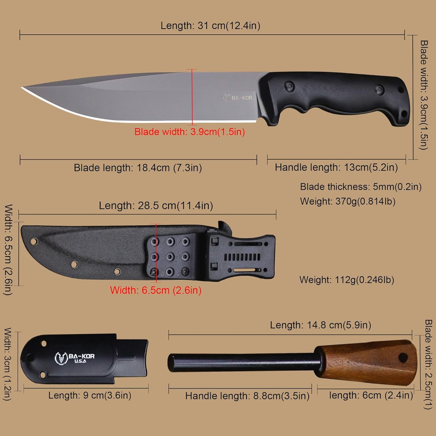BA-KOR 5mm (9CR18MOV) steel 12.4" full tang hunting knife+K sheathing &5.9" cerium igniter Suitable for outdoor hunting, camping, wilderness survival, outdoor rescue, barbecuing, fishing, and as a gift