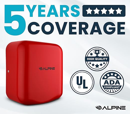 Alpine Automatic Hand Dryers for Bathrooms Commercial High Speed 110-120V Stainless Steel Electric Hand Dryer, Plug In & Hardwire Options with Air Filter, ADA & UL Compliant & 5 Years Coverage (Red)