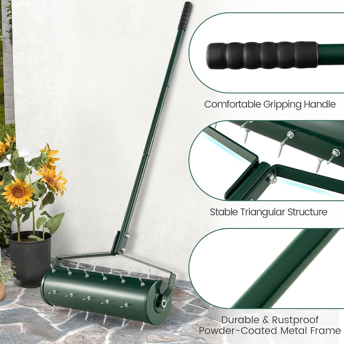 Goplus Rolling Lawn Aerator, 21-Inch Garden Yard Rotary Push Tine Filled Sand Stone, Heavy Duty Spike Soil Aeration w/Metal Handle, Fillable Drum 51" Manual Lawn Aeration Tool Garden Grass Patio Yard