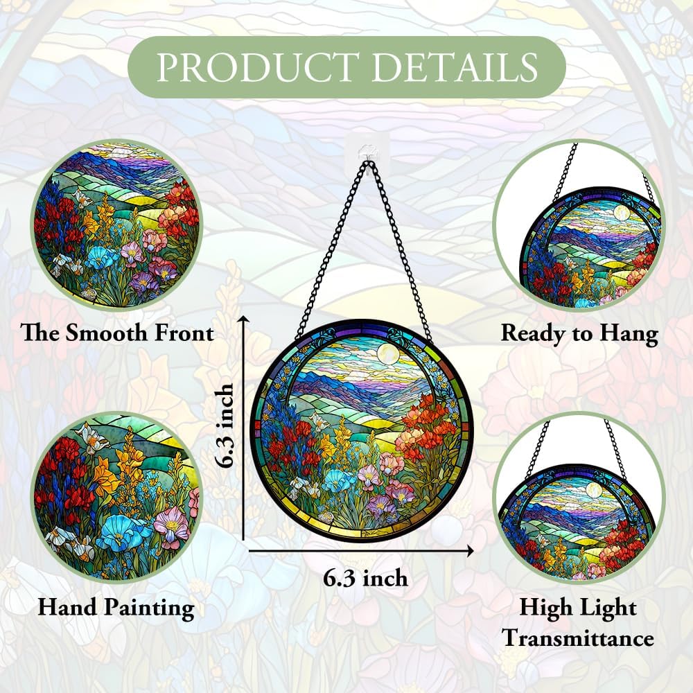 Floral Stained Glass Window Hanging, Suncatcher Ornament for Indoor Outdoor, Sea of Flowers Glass Ornament for Home Décor, Glasses Decoration Gifts for Birthday, Christmas, Wedding, Housewarming