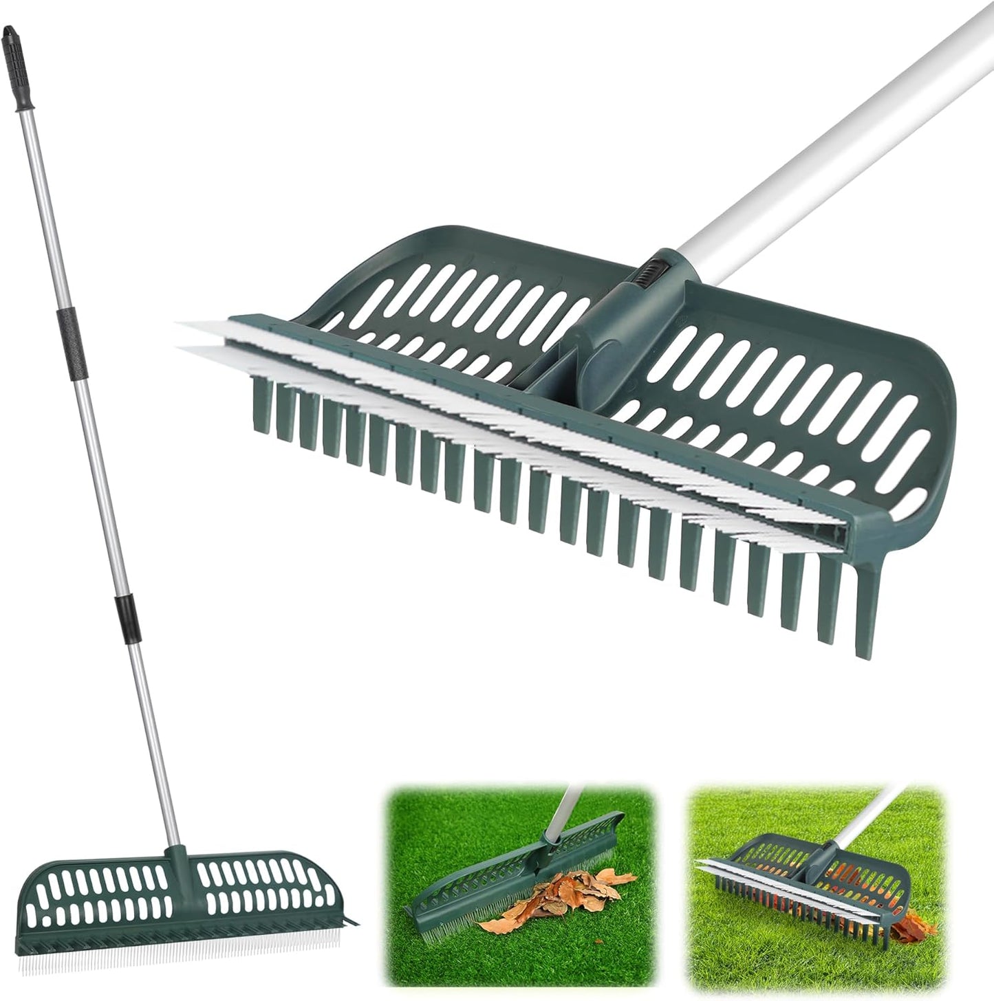 ORIENTOOLS Garden Leaf Rake 2 in 1 Turf Rake for Artificial Grass and Lawn with Telescopic Steel Handle, 49" to 63" Long