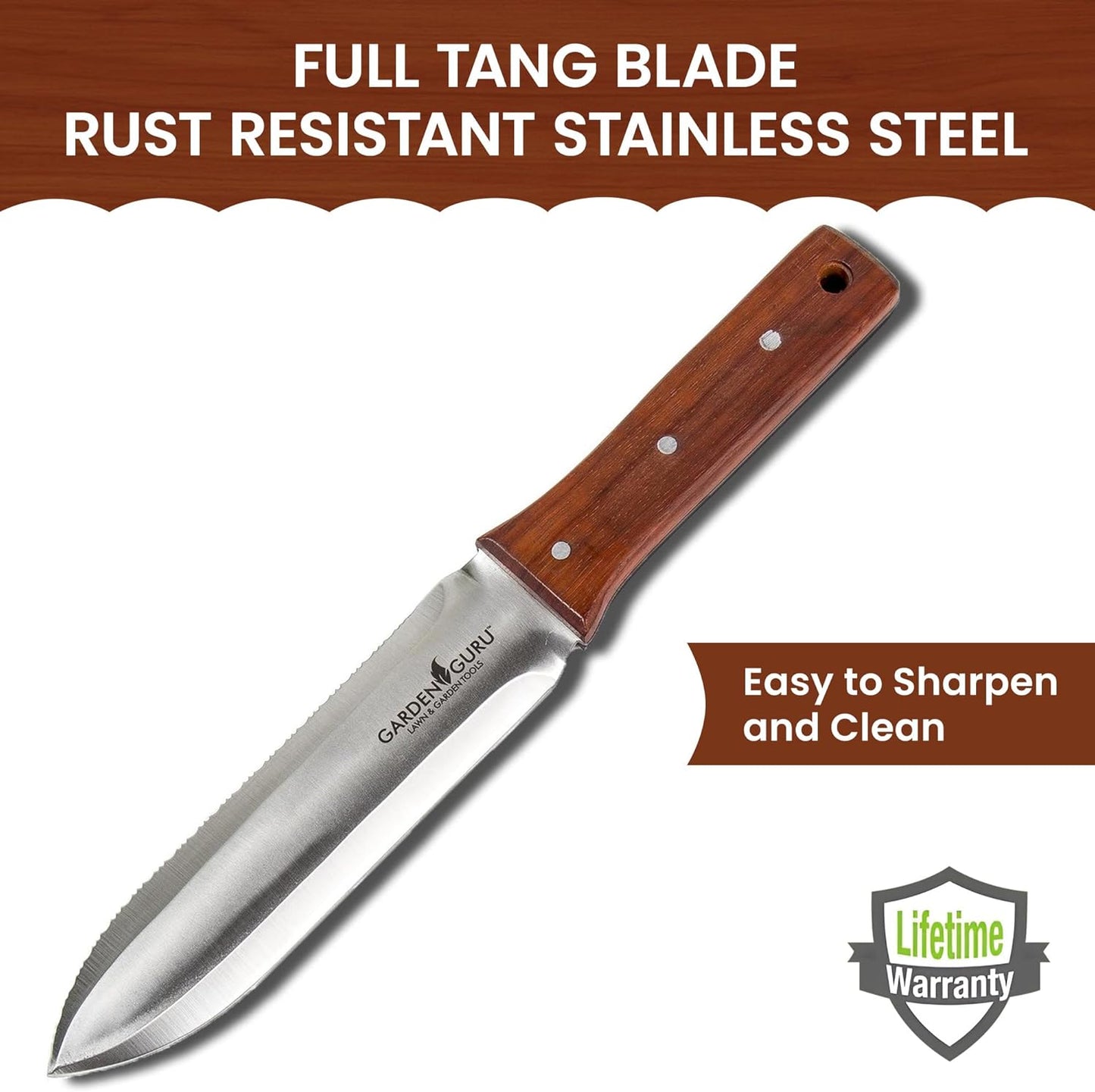 Garden Guru Hori Hori Garden Knife for Weeding, Digging, Pruning, and Cultivating - Stainless Steel Full Tang Blade | Marks for Measuring Planting Depth | Nylon Sheath for Storage (2 Pack)