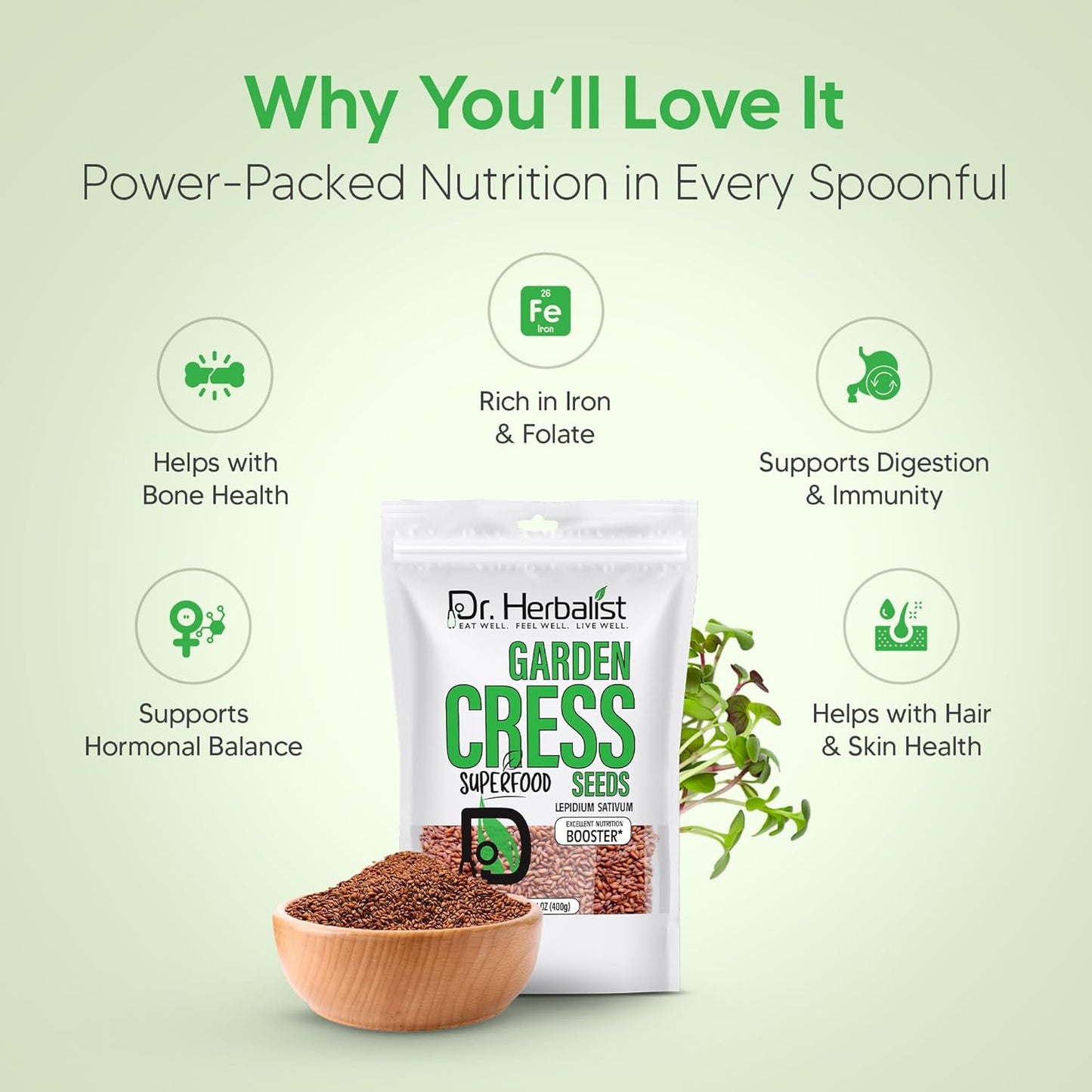 Dr. Herbalist Garden Cress Seeds 14.1oz (400g) – Premium Halim, Aliv, Haleem, Rashad, Watercress (Lepidium Sativum) – Superfood Seeds for Eating – Natural Nutrition Booster – Resealable Freshness Bag