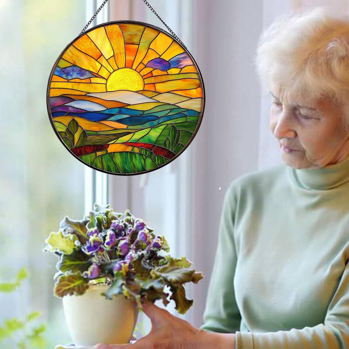 Hanging Stained Glass for Windows,20cm/7.87inch Sunrise Stained Glass Suncatcher Garden Hangings Christmas Mother's Day, Valentine's Day Ornaments Festival Housewarming Gift