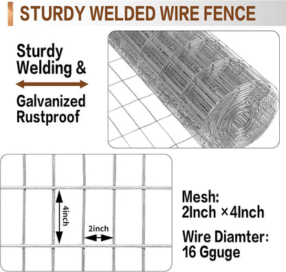 Tongmo 4 ft x 100 ft Galvanized Welded Wire Fence, 16GA Garden Chicken Wire Fence Roll, Mesh Size 2" x 4"Hardware Cloth, Ideal for Yard Protection and Poultry Netting