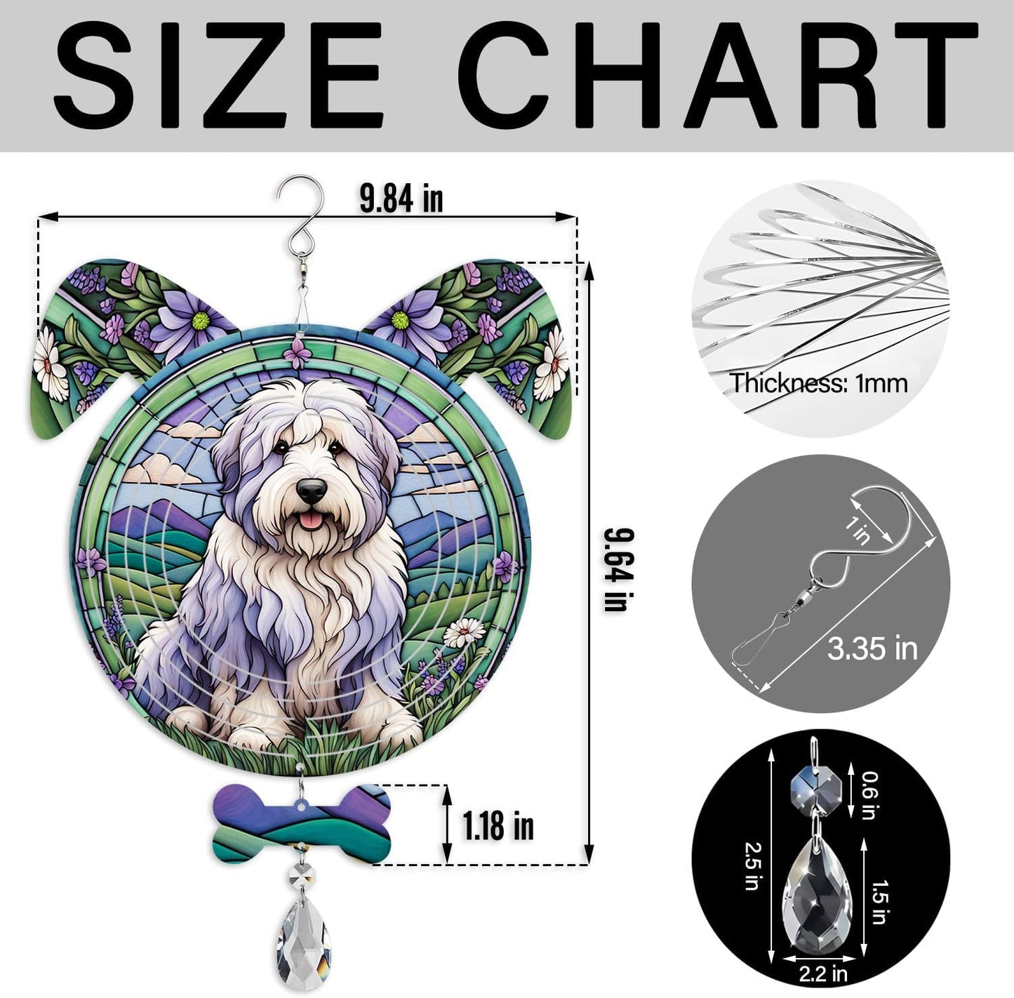 Old English Sheepdog Dog Ears Wind Spinner, Old English Sheepdog Wind Spinner Hanging for Yard and Garden V02