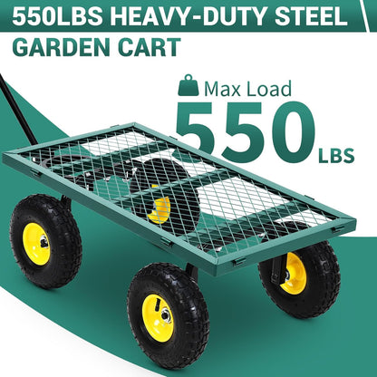 550 Lb Steel Garden Cart, Heavy-Duty Steel Garden Dump Cart with 4-Side Removable Mesh and All Terrain 10" Tires, Yard Dump Metal Cart for Lawn Farm, Green