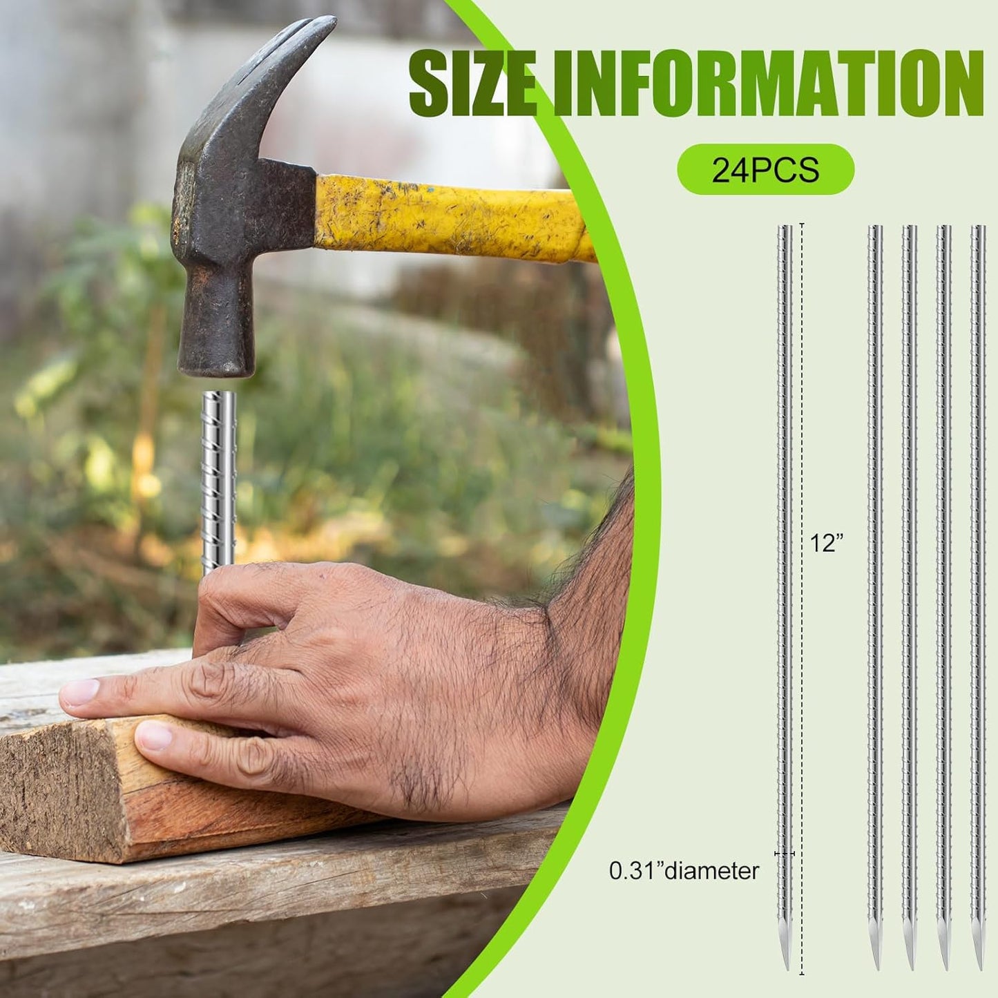 Gisafai 24 Pcs 12 Inch Ground Rebar Stakes Heavy Duty Ground Anchors Steel Plant Support Garden Stake Long Straight Metal Spikes with Chisel Point End for Concrete Timber Garden Plant Tent