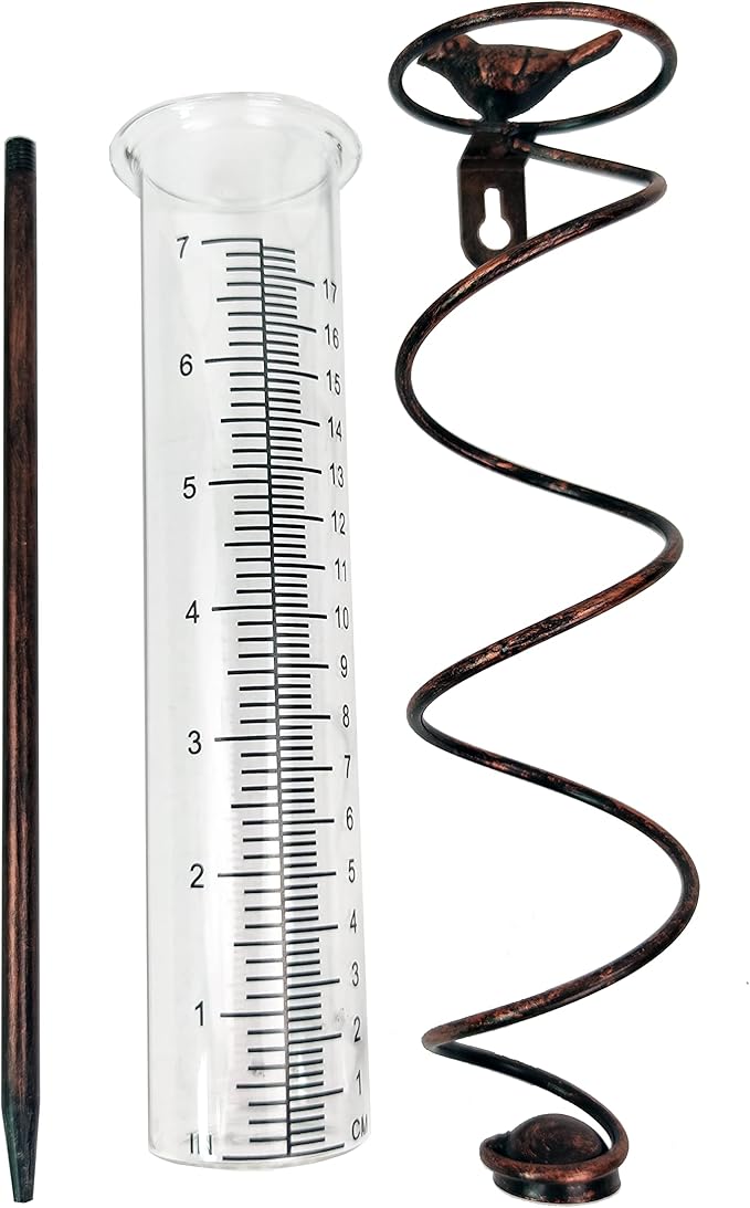 JOYBee 7inch Capacity Glass Spiral Rain Gauge,Cast Iron Bird Hanging Rain Gauge,Garden Rain Water Meter Measuring with Metal Frame,Decoration for Outdoor Garden Lawn Backyard