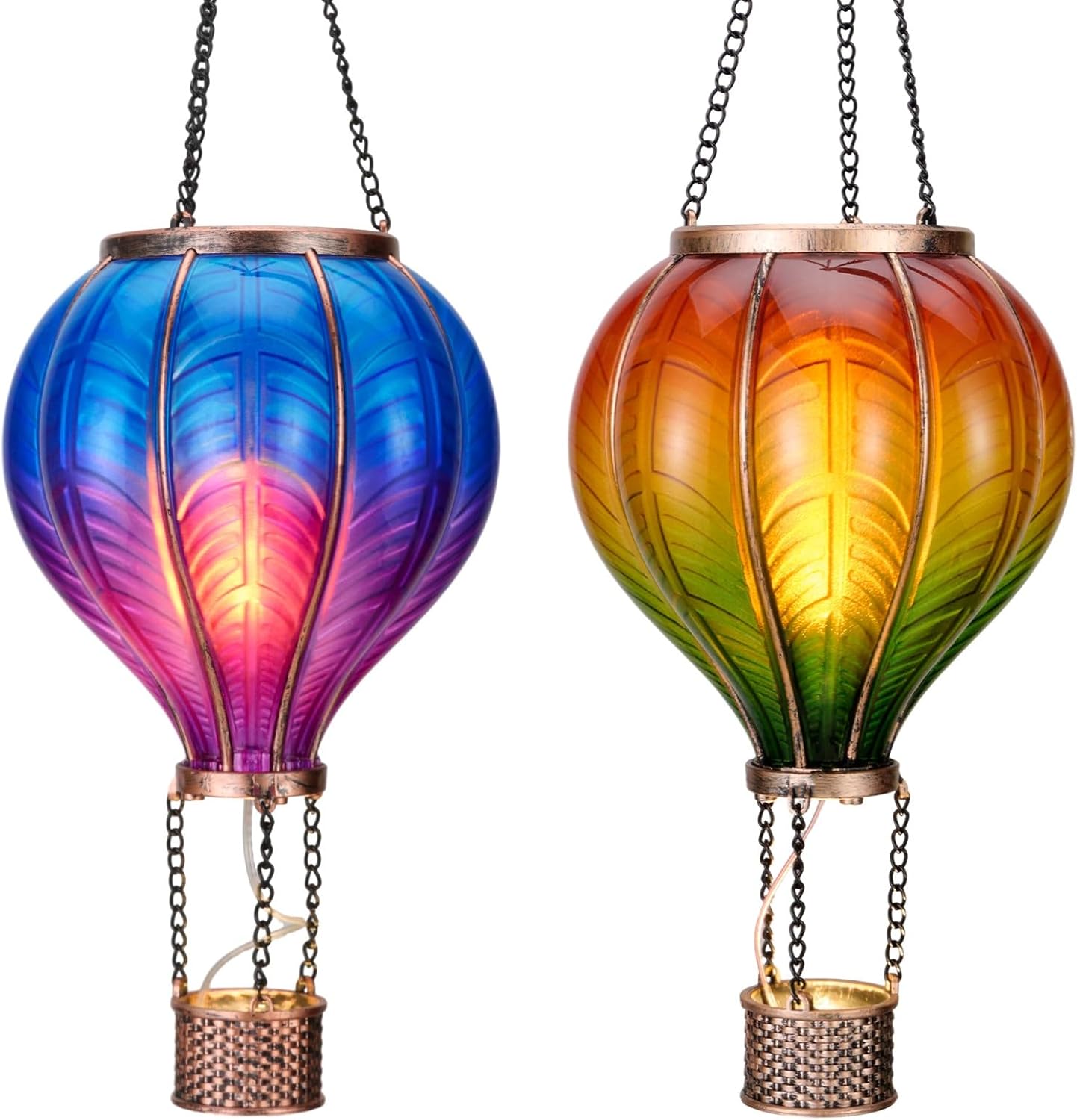 TERESA'S COLLECTIONS 2 Pack Hanging Solar Lantern Outdoor Garden Decor for Valentine ,Waterproof Plastic Hot Air Balloon Orange Flickering Flame Effect Lantern for Yard Tree,Gift for Mom,18"