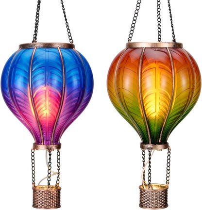 TERESA'S COLLECTIONS 2 Pack Hanging Solar Lantern Outdoor Garden Decor for Valentine ,Waterproof Plastic Hot Air Balloon Orange Flickering Flame Effect Lantern for Yard Tree,Gift for Mom,18"