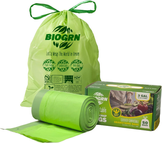 2.6-3 Gallon Compostable Trash Bags Drawstring 50 Bags Extra Thick 1 Mil 11.36 Liter Small