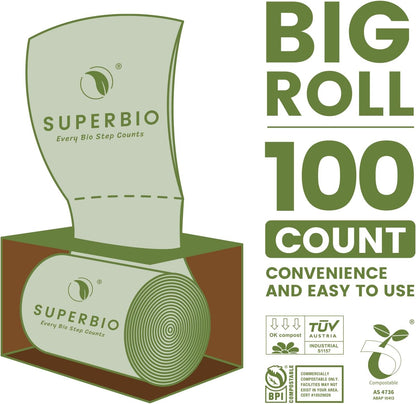 SUPERBIO 2.6 Gallon Compostable Food Waste Bags, 100 Count, 1 Pack, Flat Top Food Scrap Bags， ASTM D6400，Certified by BPI and OK compost INDUSTRIAL,9.84L