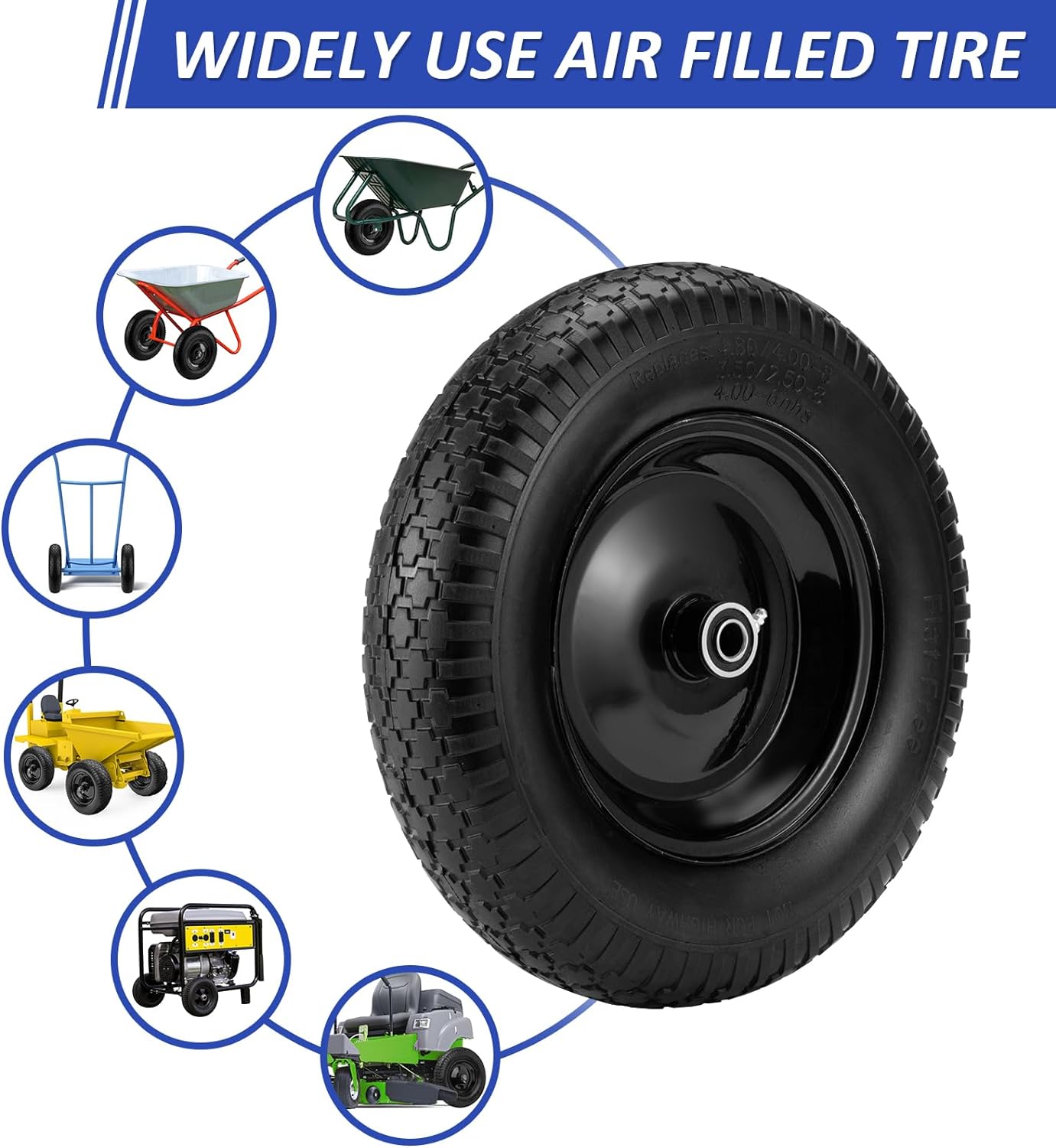 4.80/4.00-8" Flat Free Tire and Wheel 14.5" Wheelbarrow Tire,with 5/8" Axle Bore Hole,3"Center Hub and 3/4" Bearings,Universal Replacement Solid Tire for Hand Truck/Utility Cart/Garden Cart