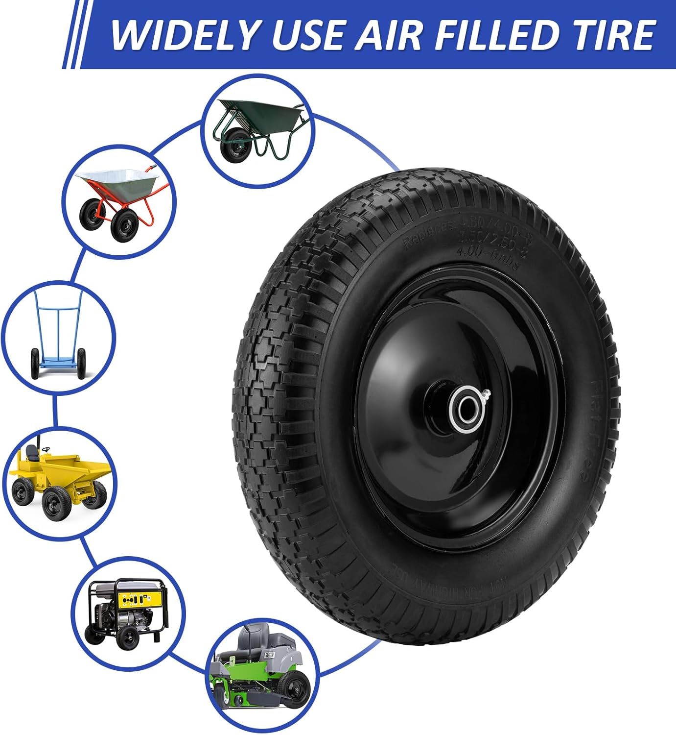 4.80/4.00-8" Flat Free Wheelbarrow Tire, 14.5" Wheel Size, 5/8" Axle Bore, 3" Center Hub, 3/4" Bearings, Universal Replacement Solid Tire for Hand Truck/Cart (Black)