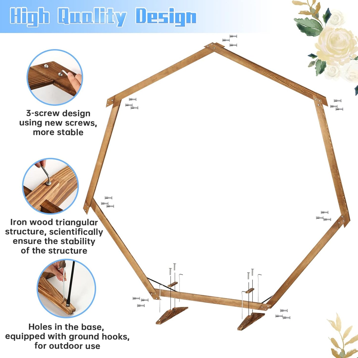 Heptagonal Wooden/Wood Arch 7.2FT for Wedding Ceremony, Arbor Backdrop Stand for Garden Parties, Indoor, Outdoor, Autumn Theme, Rustic Decorations