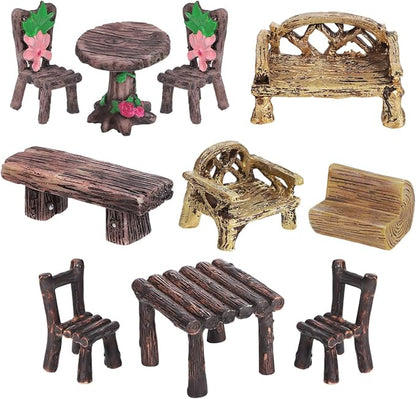 Garneck 10 Pcs Miniature Resin Fairy Garden Furniture Ornaments Rustic Mini Tables and Chairs Bench for Vintage Dollhouse Accessories Home Micro Landscape