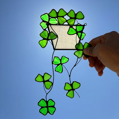 Stained Glass Four Leaf Clover Decor Suncatcher for Window, Artificial Green Plants Stained Glass Window Hanging, Fake Plant Decor Gift for Women,Mom,Plant Lovers(Four Leaf Clover)