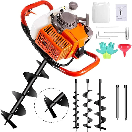 72cc Post Hole Digger 2-Stroke Petrol Gas Powered Earth Digger with 2 Extension Rods（24" & 24"） + 3