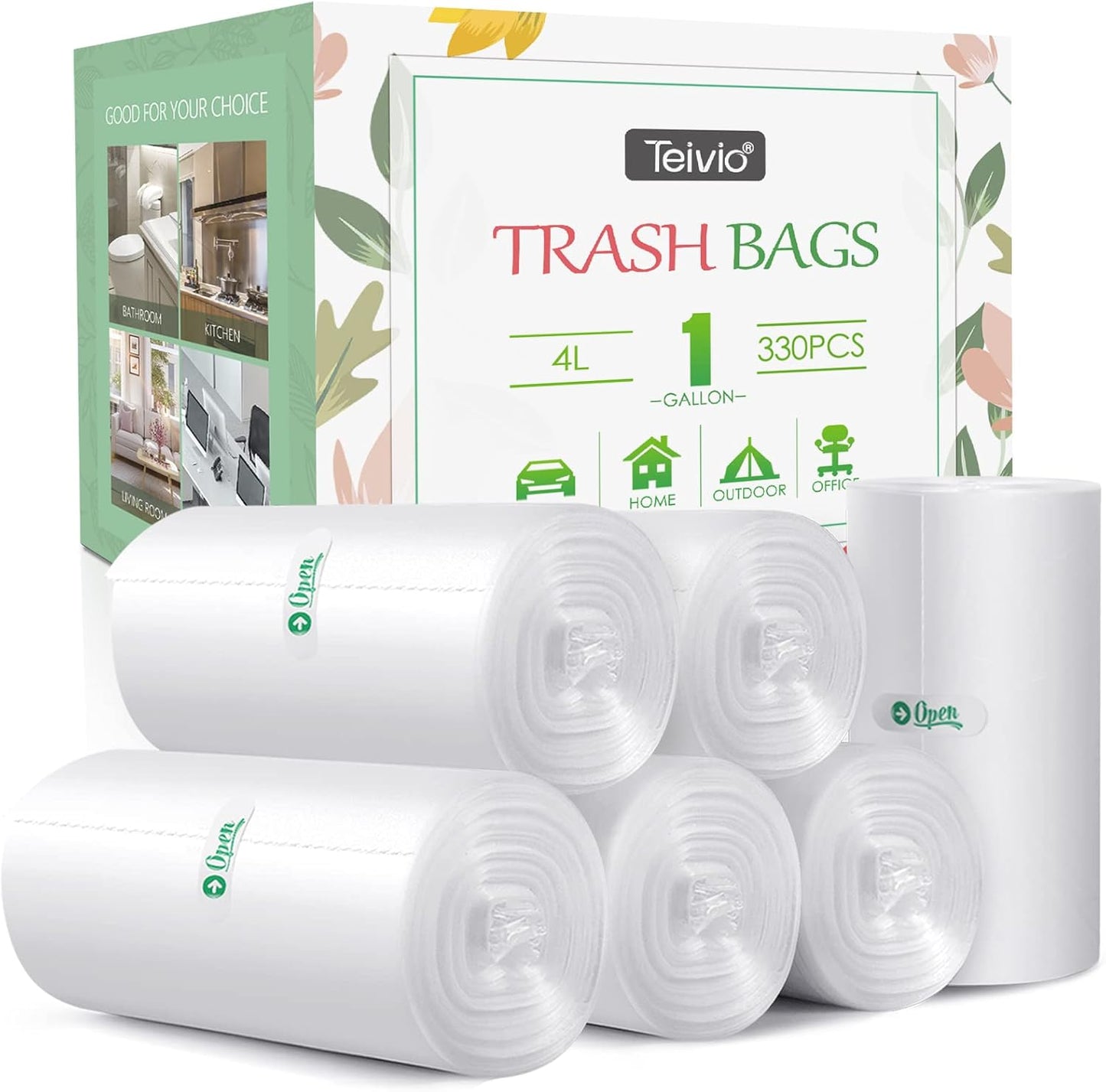 1 Gallon 330 Counts Strong Trash Bags Garbage Bags by Teivio, Bathroom Trash Can Bin Liners, Small Plastic Bags for home office kitchen, Clear