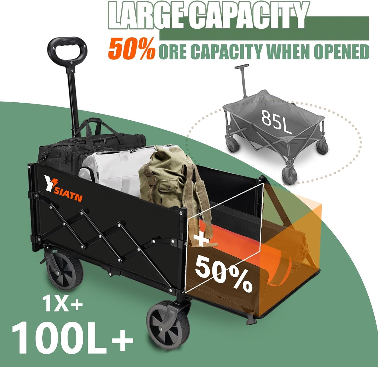 Collapsible Folding Wagon Cart with Tailgate - 300lbs Heavy Duty Foldable Utility Wagon and Brake Wheels - 100L Lightweight Grocery Wagons for Shopping Camping Sports Garden, Black