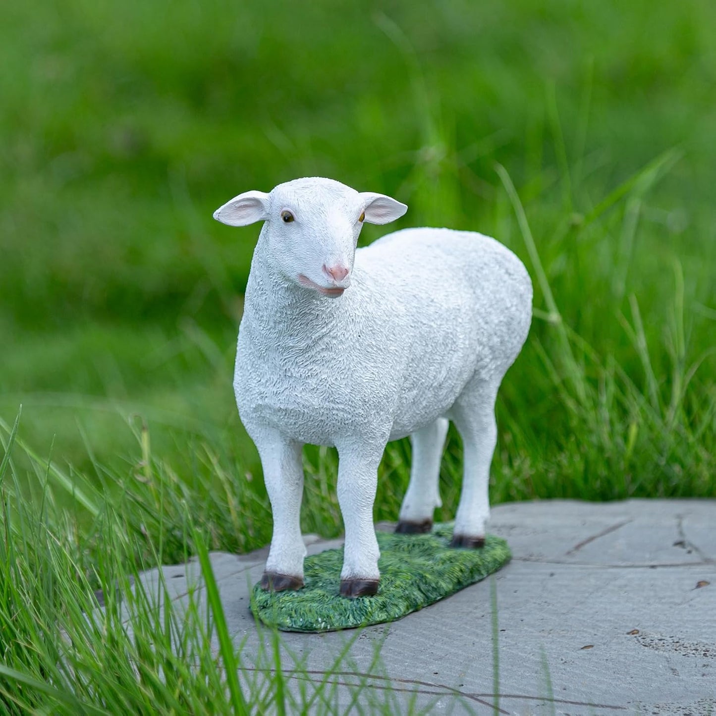 White Standing Lamb Garden Statue, Decorative Resin Sheep Figurine on Grass Base, Farmhouse Animal Outdoor Decor