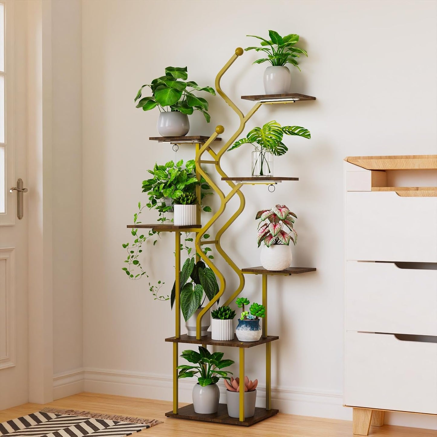 Bstrip 63 Inch Plant Stand with Grow Light, 7-Tier Indoor Plant Shelf with Hanging Hooks, Decor Corner Plant Stand for Living Room & Patio, Gold