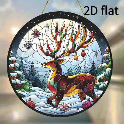 7.87inch Christmas Sun Catcher for Window Hanging with Elk Designs Round Acrylic Hanging Suncatcher for Garden Decor ，Wall Home, Kitchen, Housewarming Women Neighbor Winter Xmas Decor Gifts