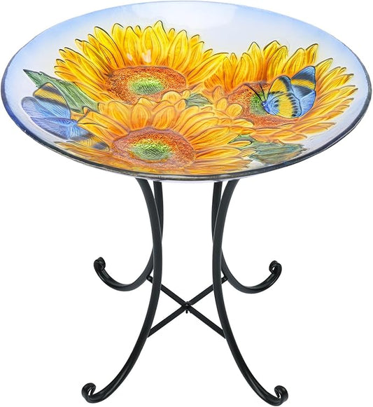 MUMTOP Outdoor Glass Birdbath with Metal Stand for Outside Lawn Yard Garden Sunflower Decor,18??Dia/21.65 Height