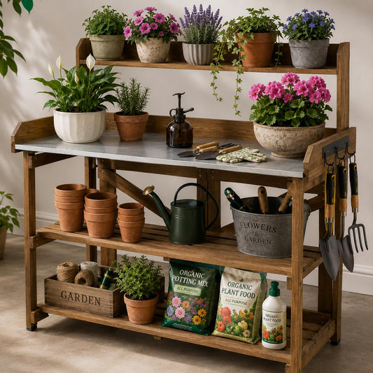 Garden Potting Bench Table Wooden Horticulture Outdoor Planting Work Bench with Metal
